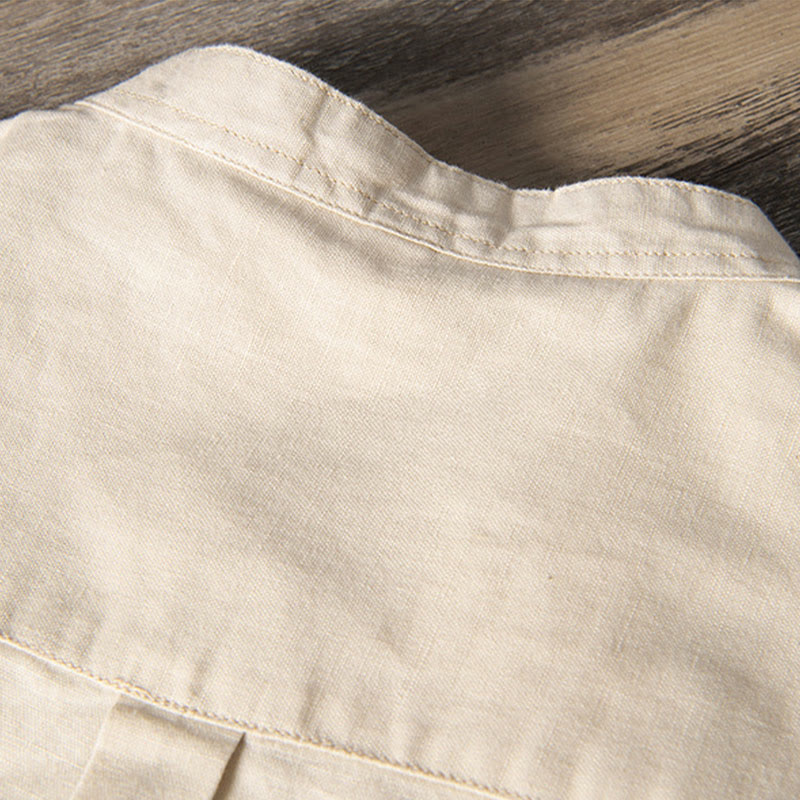 Buddha Stonesカジュアル デイリー シンプル ボタンデザイン スタンドカラー メンズ 半袖 コットンリネン シャツ フロントポケット付き - image 11