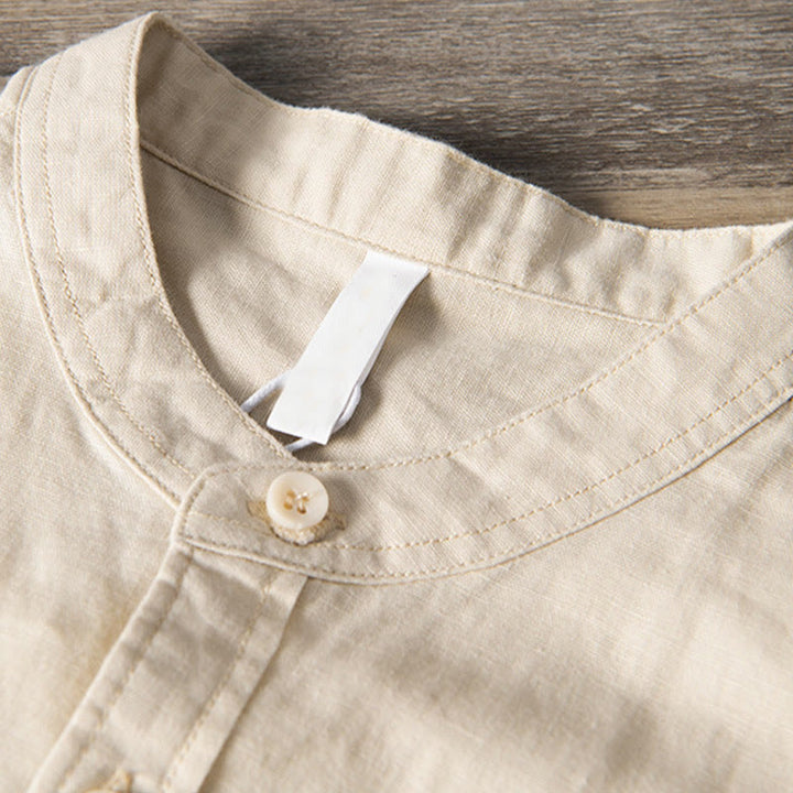 Buddha Stonesカジュアル デイリー シンプル ボタンデザイン スタンドカラー メンズ 半袖 コットンリネン シャツ フロントポケット付き - image 10