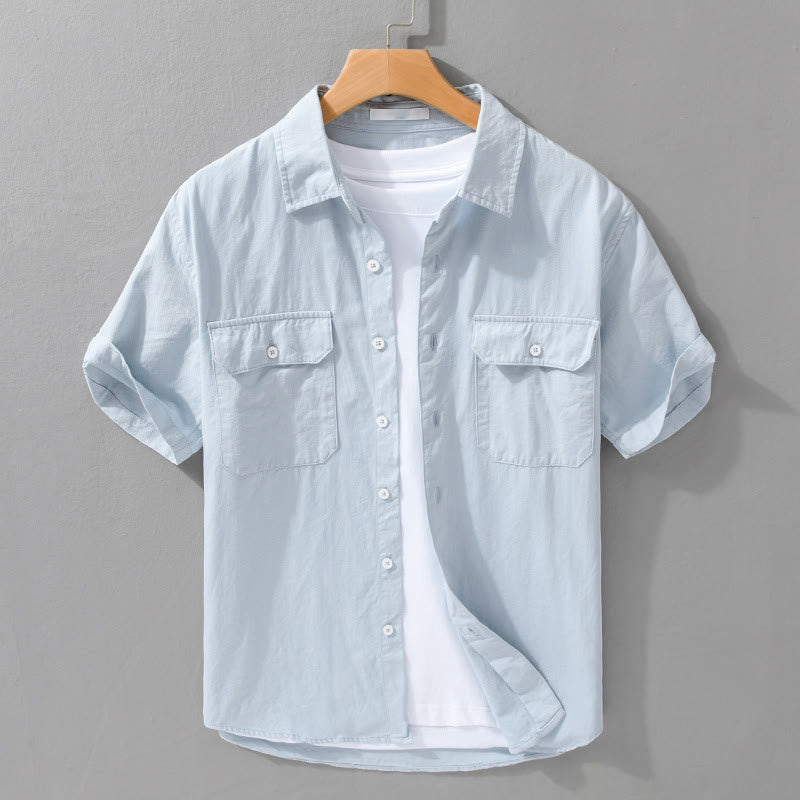 Buddha Stonesデイリーピュアカラーラペルメンズ半袖コットンリネンシャツ（ポケット付き） - 水色 - US/UK/AU42、 EU52 (3XL) - image 2