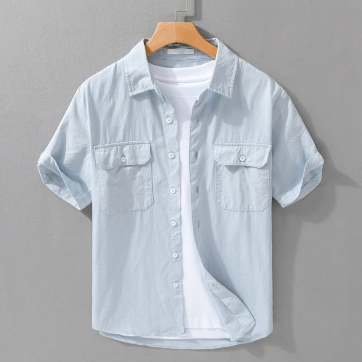 Buddha Stonesデイリーピュアカラーラペルメンズ半袖コットンリネンシャツ（ポケット付き） - 水色 - US/UK/AU42、 EU52 (3XL) - image 2
