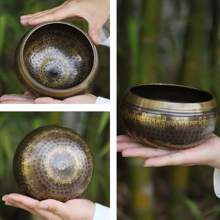 Buddha Stones 手作りのシンギングボウル（聖句模様入り）ヒーリング＆瞑想用サウンドボウルセット - image 6