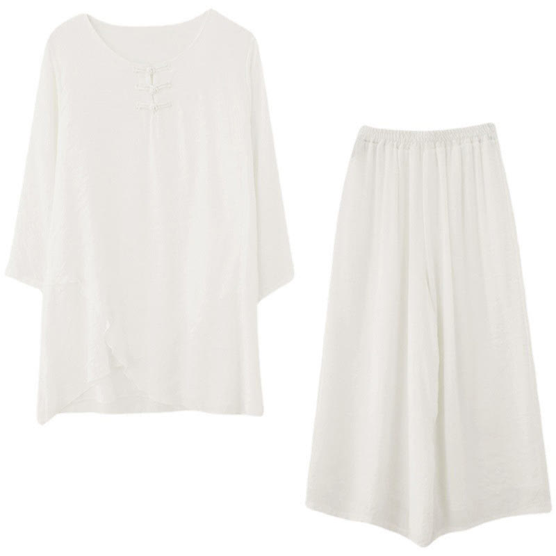 Buddha Stones2点セット ベージュ 中国風 カエルボタンデザイン 長袖シャツ トップス パンツ 瞑想 禅 太極拳 コットンリネン 衣類 レディース セット - image 21