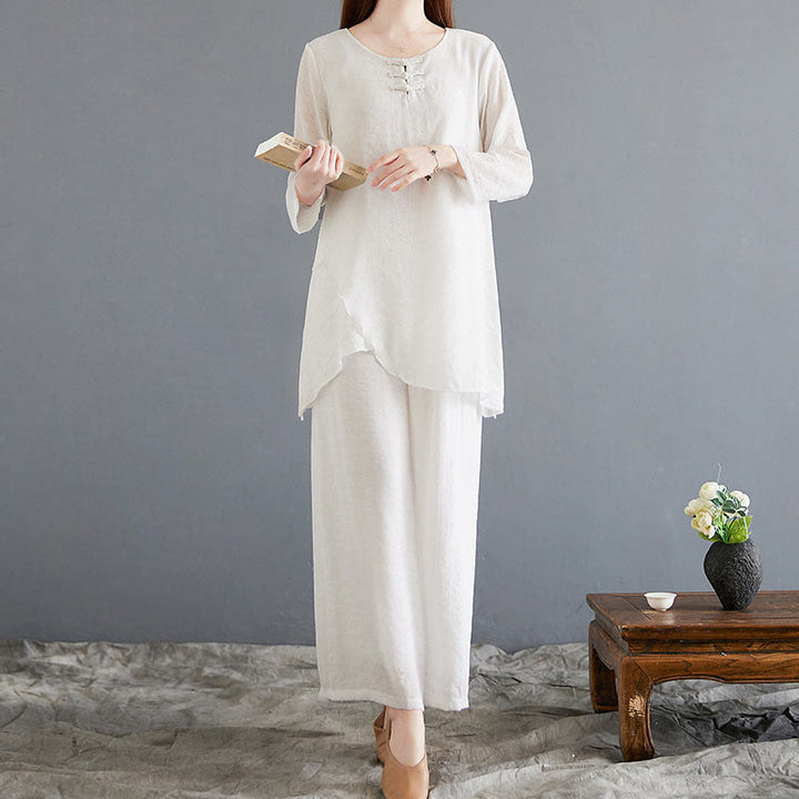 Buddha Stones2点セット ベージュ 中国風 カエルボタンデザイン 長袖シャツ トップス パンツ 瞑想 禅 太極拳 コットンリネン 衣類 レディース セット - image 3