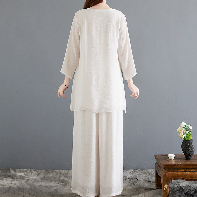 Buddha Stones2点セット ベージュ 中国風 カエルボタンデザイン 長袖シャツ トップス パンツ 瞑想 禅 太極拳 コットンリネン 衣類 レディース セット - image 2