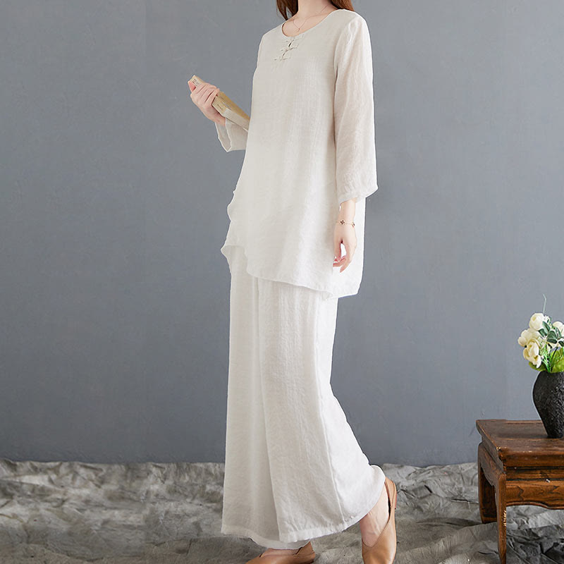 Buddha Stones2点セット ベージュ 中国風 カエルボタンデザイン 長袖シャツ トップス パンツ 瞑想 禅 太極拳 コットンリネン 衣類 レディース セット - image 5