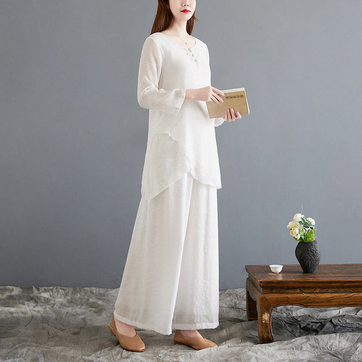 Buddha Stones2点セット ベージュ 中国風 カエルボタンデザイン 長袖シャツ トップス パンツ 瞑想 禅 太極拳 コットンリネン 衣類 レディース セット - image 6