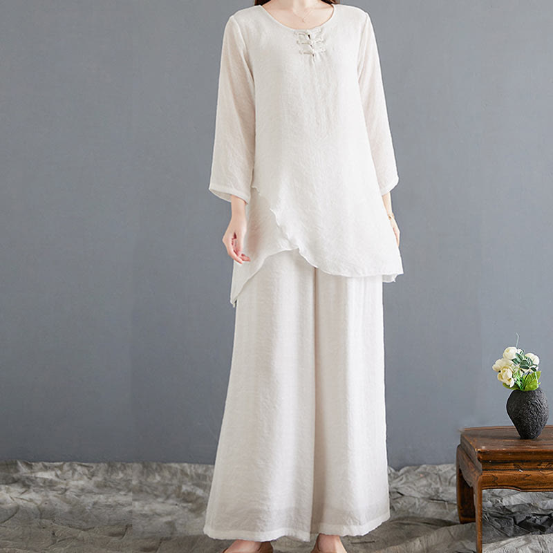 Buddha Stones2点セット ベージュ 中国風 カエルボタンデザイン 長袖シャツ トップス パンツ 瞑想 禅 太極拳 コットンリネン 衣類 レディース セット - image 4