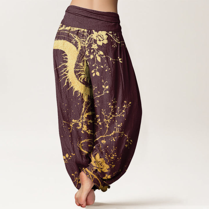 Buddha Stonesコットン カジュアル ドラゴン フラワー リーフ柄 レディース 伸縮性ウエスト ハーレムパンツ - image 6