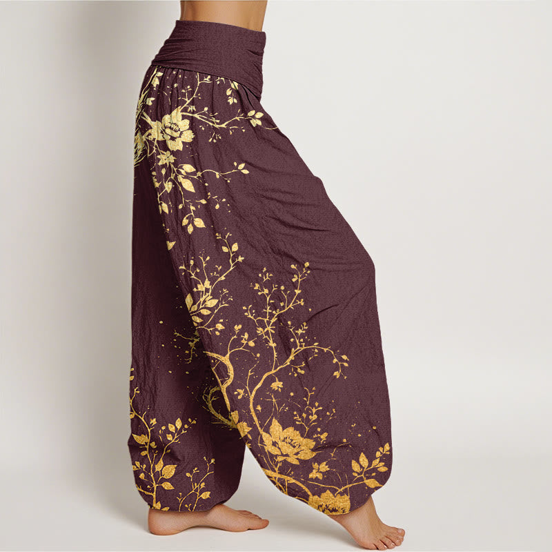 Buddha Stonesコットン カジュアル ドラゴン フラワー リーフ柄 レディース 伸縮性ウエスト ハーレムパンツ - image 5