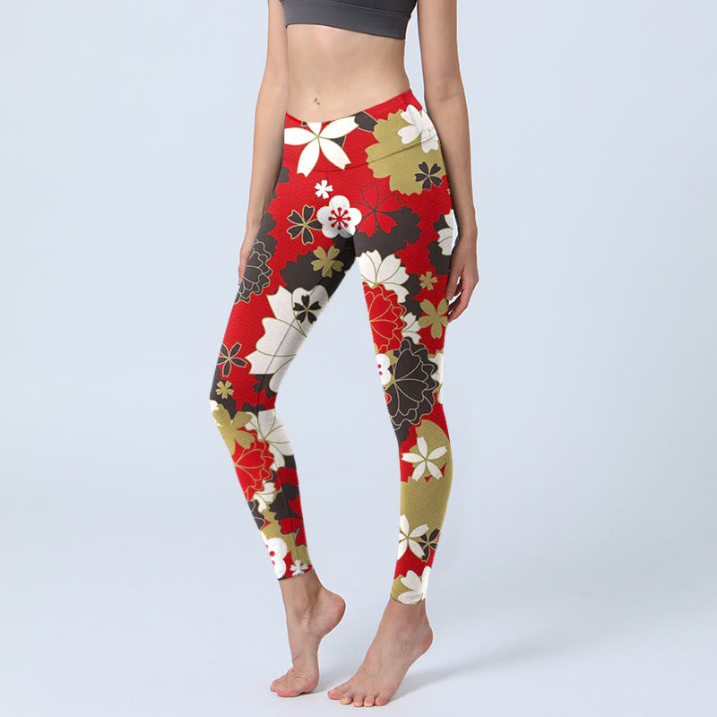 Buddha Stonesと桜の花びら柄プリントのジムレギンス レディース ヨガパンツ - クリムゾン - US18、 UK/AU22、 EU50 (4XL) - image 1