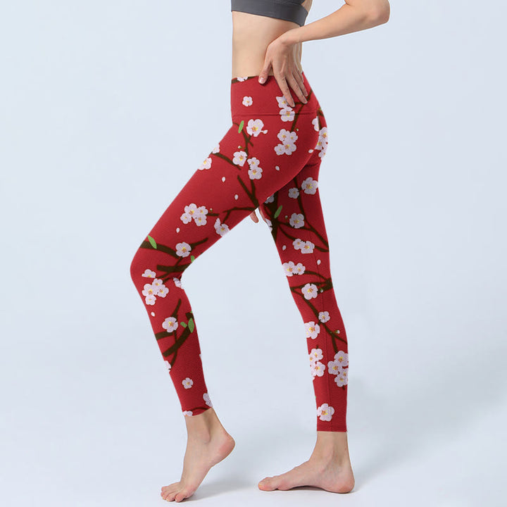 Buddha Stones、梅の花、枝、葉の模様プリントのジムレギンス、レディースヨガパンツ - image 2