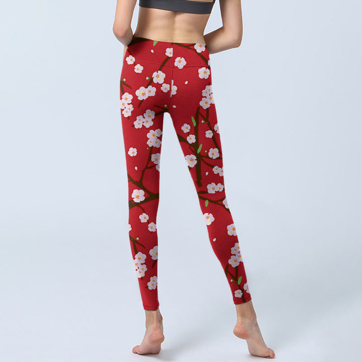 Buddha Stones、梅の花、枝、葉の模様プリントのジムレギンス、レディースヨガパンツ - image 6
