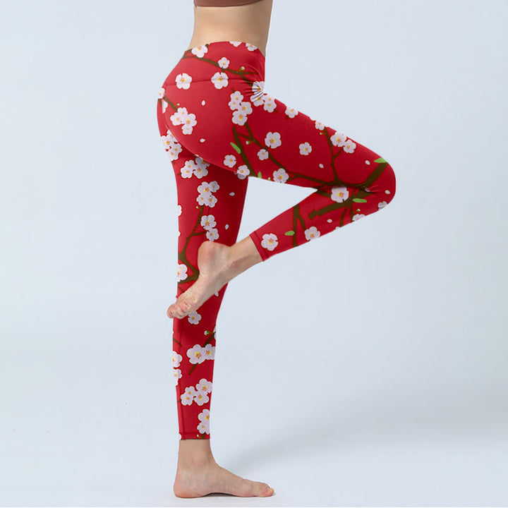 Buddha Stones、梅の花、枝、葉の模様プリントのジムレギンス、レディースヨガパンツ - image 4