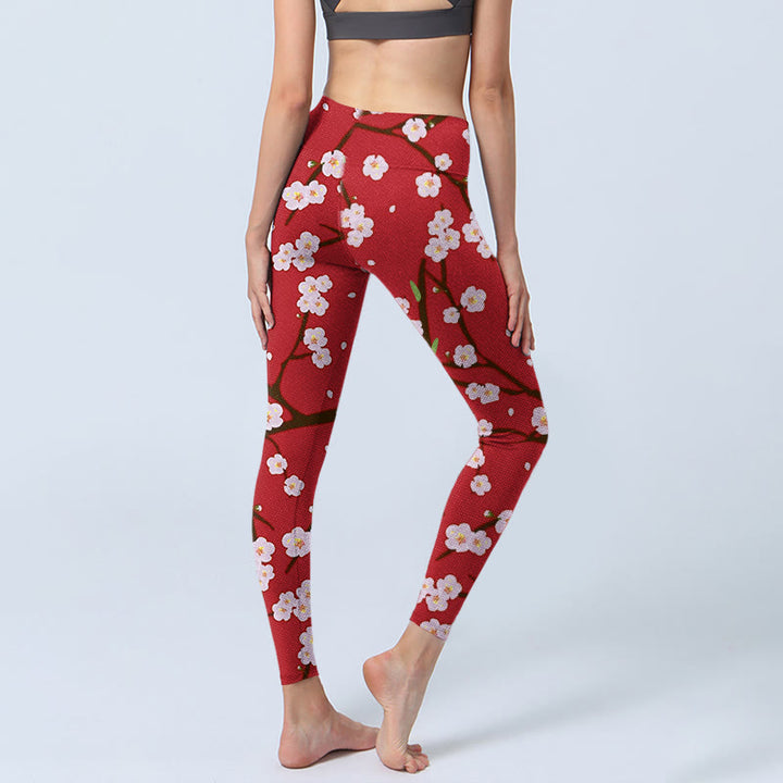 Buddha Stones、梅の花、枝、葉の模様プリントのジムレギンス、レディースヨガパンツ - image 3