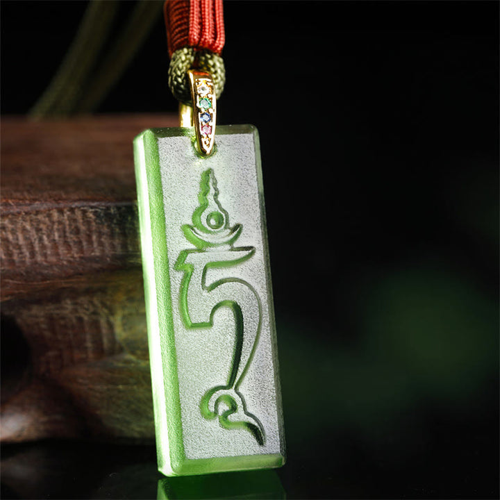 Buddha Stonesチベット グリーン ターラ 薬師如来 サンスクリット 模様 リュウリ クリスタル 守護 ネックレス ペンダント
