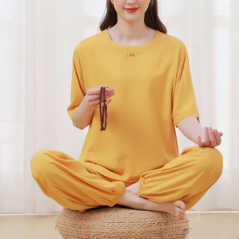 Buddha Stones2個 無地 カエルボタン シンプルデザイン クルーネックデザイン 半袖シャツ トップス 伸縮性ウエスト パンツ 瞑想 禅 太極拳 コットン 衣類 レディース セット - image 7