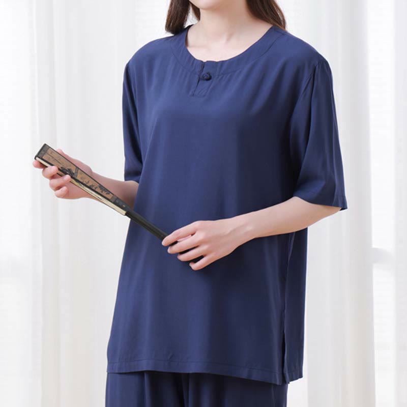 Buddha Stones2個 無地 カエルボタン シンプルデザイン クルーネックデザイン 半袖シャツ トップス 伸縮性ウエスト パンツ 瞑想 禅 太極拳 コットン 衣類 レディース セット - image 24