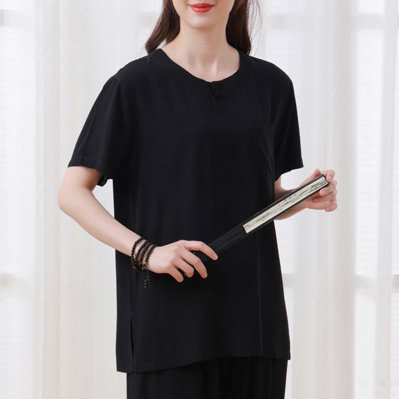 Buddha Stones2個 無地 カエルボタン シンプルデザイン クルーネックデザイン 半袖シャツ トップス 伸縮性ウエスト パンツ 瞑想 禅 太極拳 コットン 衣類 レディース セット - image 21