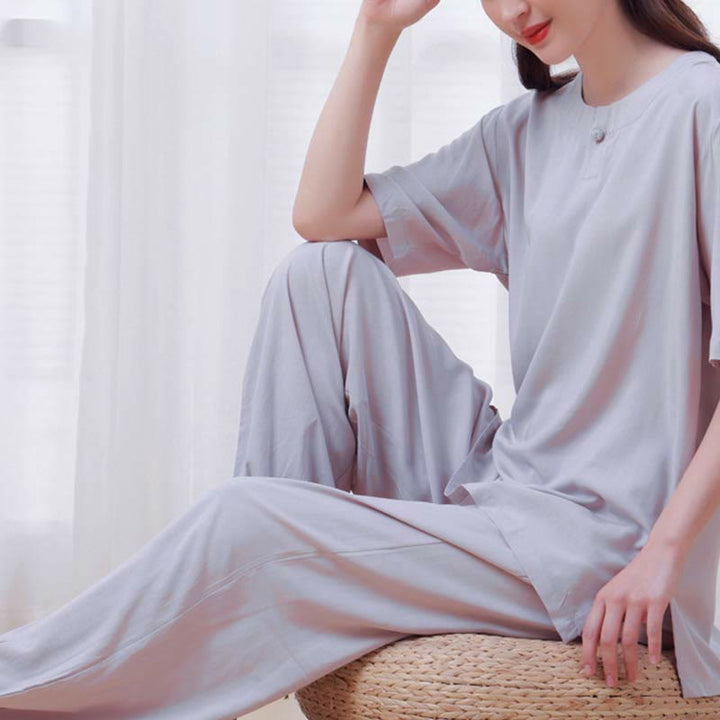 Buddha Stones2個 無地 カエルボタン シンプルデザイン クルーネックデザイン 半袖シャツ トップス 伸縮性ウエスト パンツ 瞑想 禅 太極拳 コットン 衣類 レディース セット - image 18