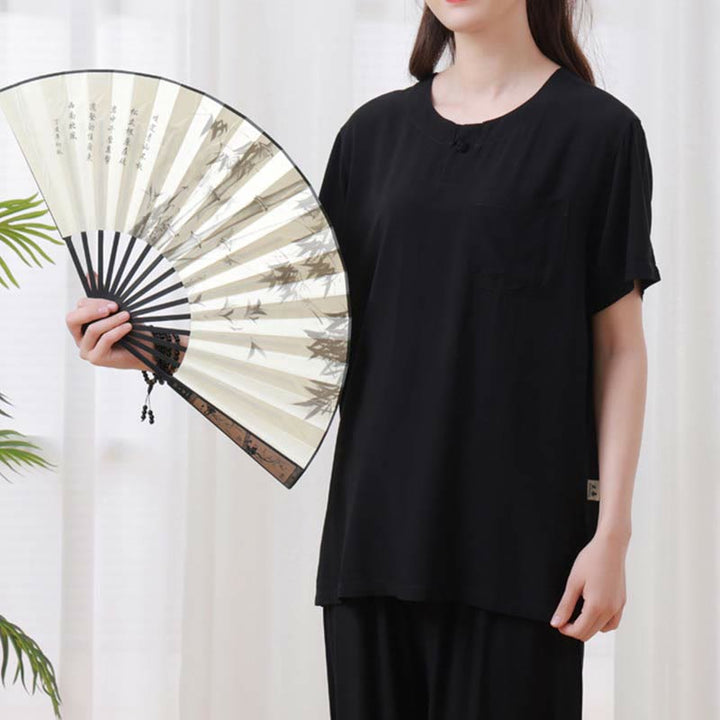 Buddha Stones2個 無地 カエルボタン シンプルデザイン クルーネックデザイン 半袖シャツ トップス 伸縮性ウエスト パンツ 瞑想 禅 太極拳 コットン 衣類 レディース セット - image 22