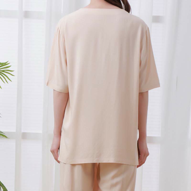 Buddha Stones2個 無地 カエルボタン シンプルデザイン クルーネックデザイン 半袖シャツ トップス 伸縮性ウエスト パンツ 瞑想 禅 太極拳 コットン 衣類 レディース セット - image 4