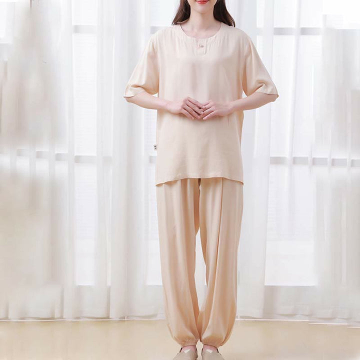 Buddha Stones2個 無地 カエルボタン シンプルデザイン クルーネックデザイン 半袖シャツ トップス 伸縮性ウエスト パンツ 瞑想 禅 太極拳 コットン 衣類 レディース セット - image 5