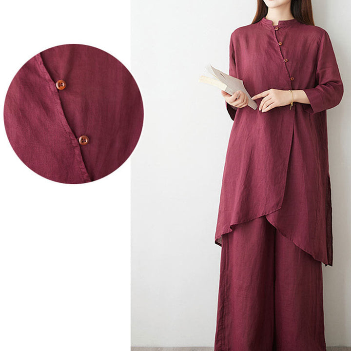 Buddha Stonesカジュアル 2点セット 無地 七分袖 斜め襟 シャツ トップス ワイドレッグパンツ ポケット付き 瞑想 禅 太極拳服 レディース セット - image 8