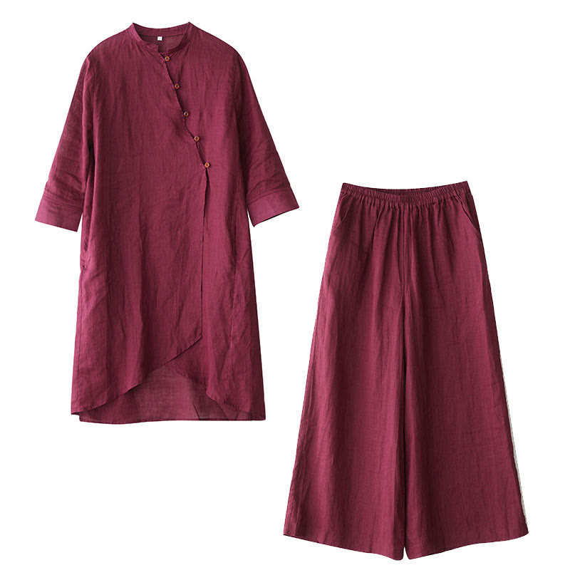 Buddha Stonesカジュアル 2点セット 無地 七分袖 斜め襟 シャツ トップス ワイドレッグパンツ ポケット付き 瞑想 禅 太極拳服 レディース セット - image 18