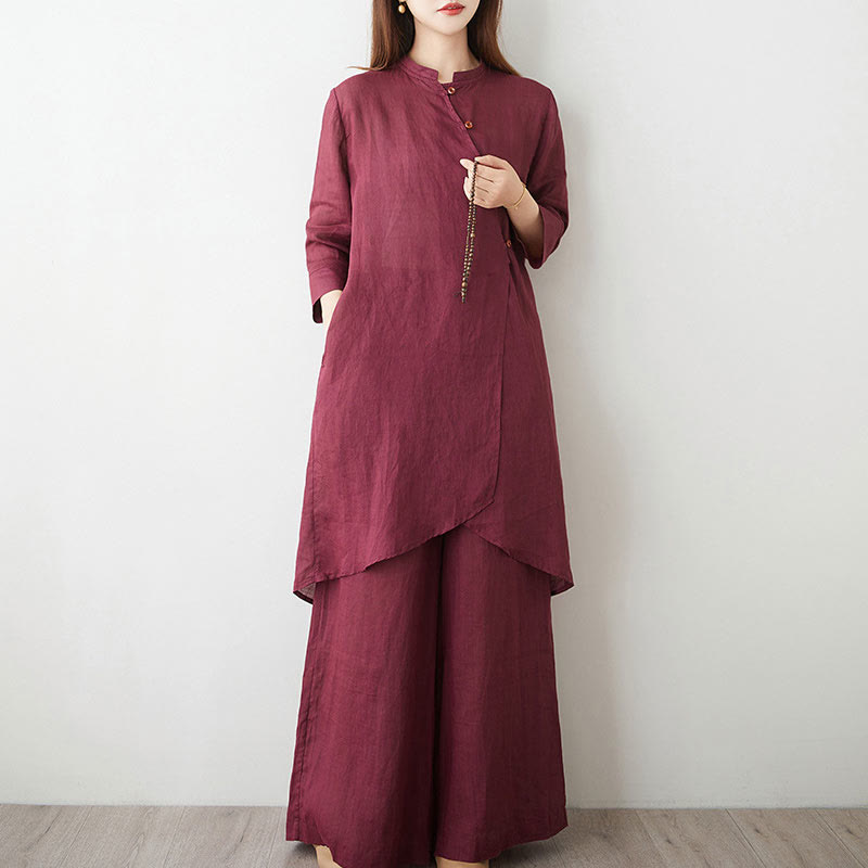 Buddha Stonesカジュアル 2点セット 無地 七分袖 斜め襟 シャツ トップス ワイドレッグパンツ ポケット付き 瞑想 禅 太極拳服 レディース セット - image 3