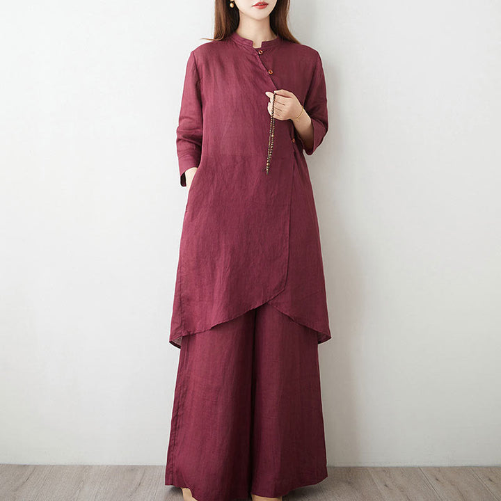 Buddha Stonesカジュアル 2点セット 無地 七分袖 斜め襟 シャツ トップス ワイドレッグパンツ ポケット付き 瞑想 禅 太極拳服 レディース セット - image 3