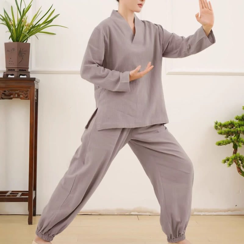 Buddha Stonesカジュアル 2点セット 無地 長袖 しわ加工デザイン シャツ トップス スカート ポケット付き 瞑想 禅 太極拳服 レディース セット - image 5