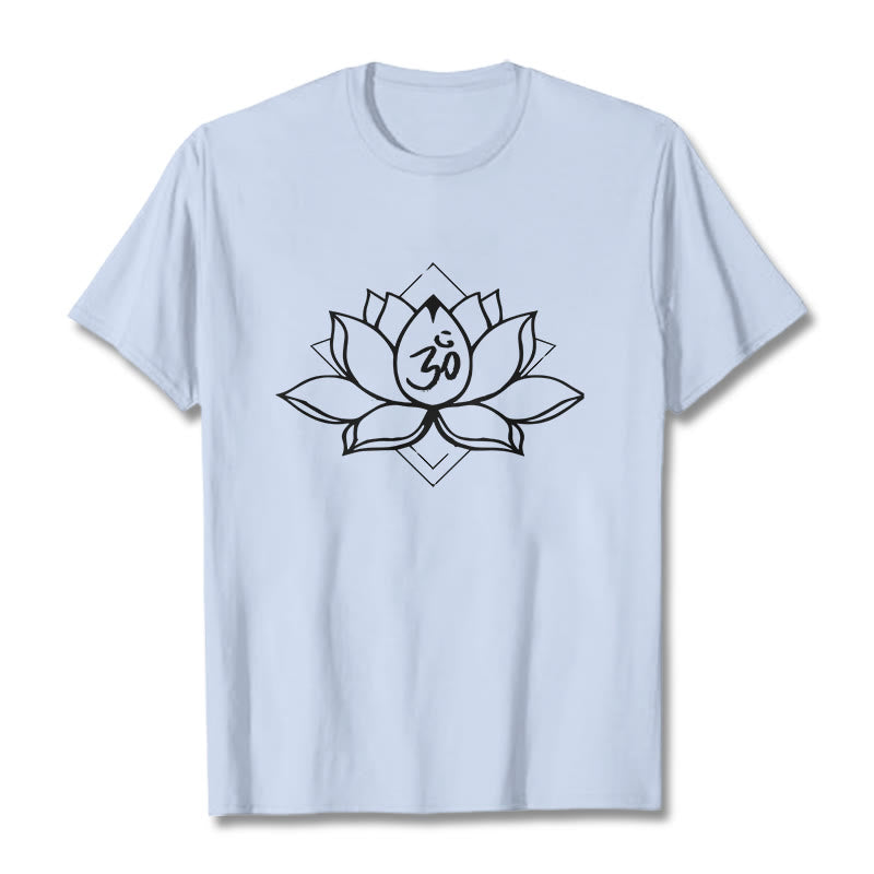 Buddha Stonesと蓮の花、オームサンスクリット柄コットンTシャツ - ライトシアン - 2XL - image 18