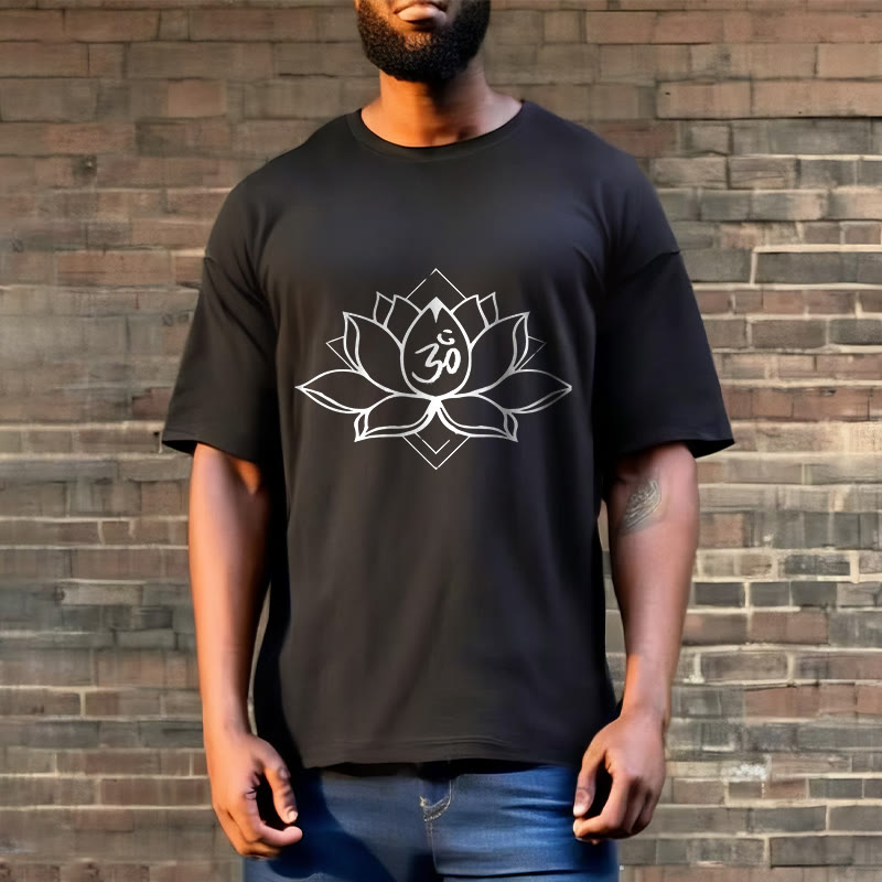 Buddha Stonesと蓮の花、オームサンスクリット柄コットンTシャツ - image 2