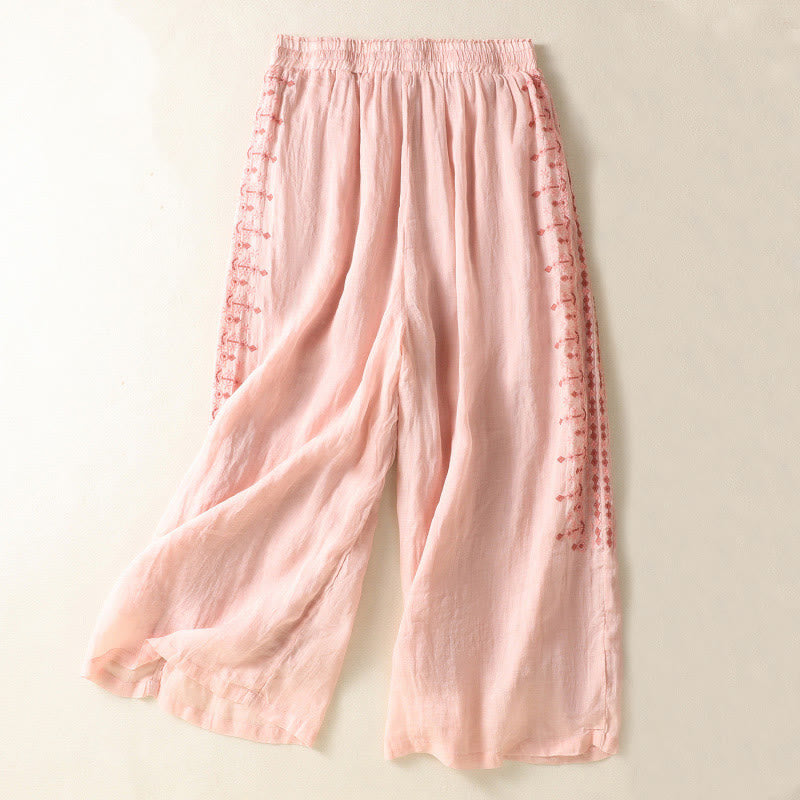 Buddha Stonesエスニック刺繍ドローストリングコットンリネンレディースハイウエストワイドレッグパンツポケット付き - ライトピンク - US8-10，UK/AU12-14，EU40-42 (2XL) - image 6