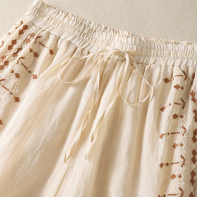 Buddha Stonesエスニック刺繍ドローストリングコットンリネンレディースハイウエストワイドレッグパンツポケット付き - image 2