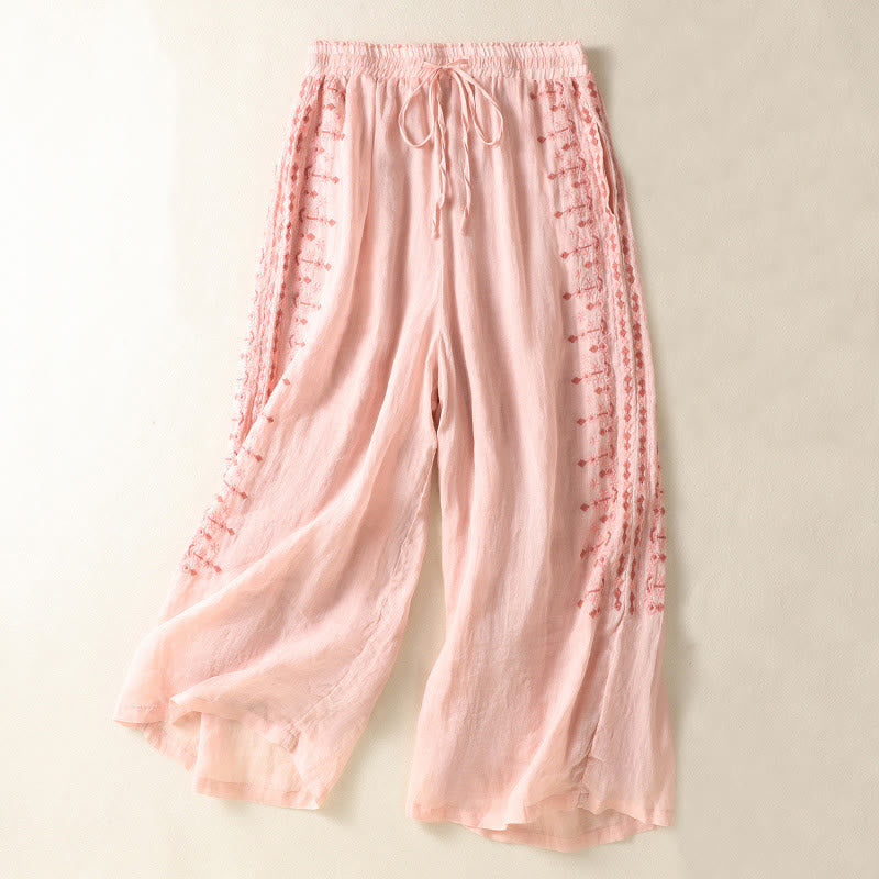 Buddha Stonesエスニック刺繍ドローストリングコットンリネンレディースハイウエストワイドレッグパンツポケット付き - image 7