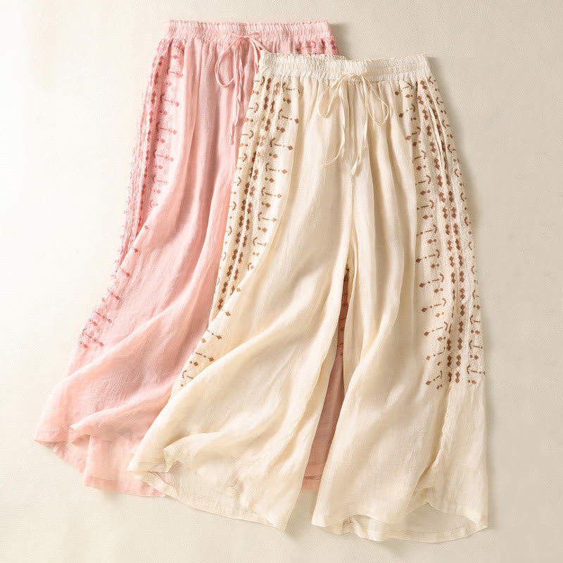 Buddha Stonesエスニック刺繍ドローストリングコットンリネンレディースハイウエストワイドレッグパンツポケット付き - image 14