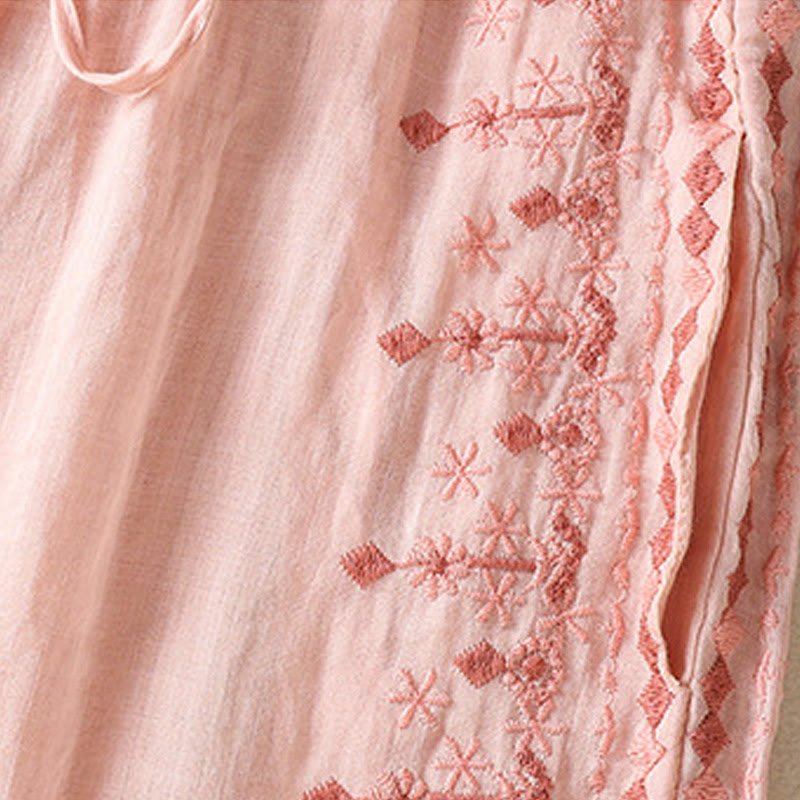 Buddha Stonesエスニック刺繍ドローストリングコットンリネンレディースハイウエストワイドレッグパンツポケット付き - image 11