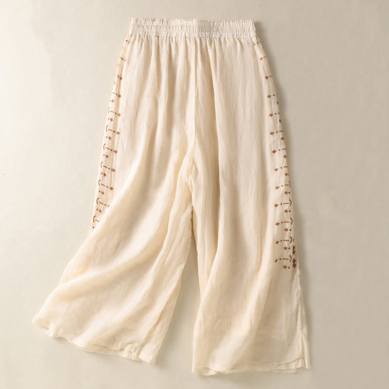 Buddha Stonesエスニック刺繍ドローストリングコットンリネンレディースハイウエストワイドレッグパンツポケット付き - レモンシフォン - US8-10，UK/AU12-14，EU40-42 (2XL) - image 0