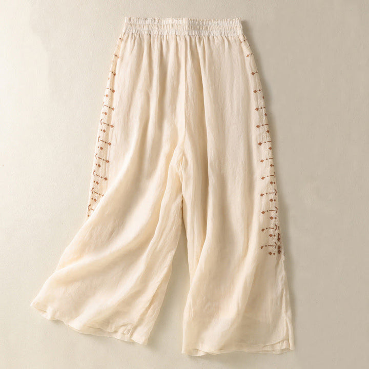 Buddha Stonesエスニック刺繍ドローストリングコットンリネンレディースハイウエストワイドレッグパンツポケット付き - レモンシフォン - US8-10，UK/AU12-14，EU40-42 (2XL) - image 0