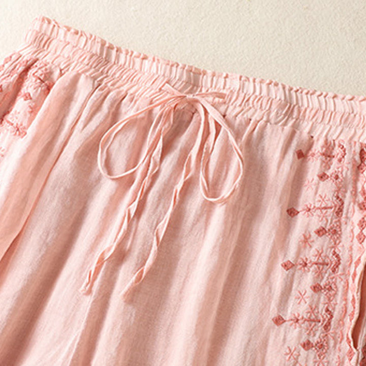 Buddha Stonesエスニック刺繍ドローストリングコットンリネンレディースハイウエストワイドレッグパンツポケット付き - image 9