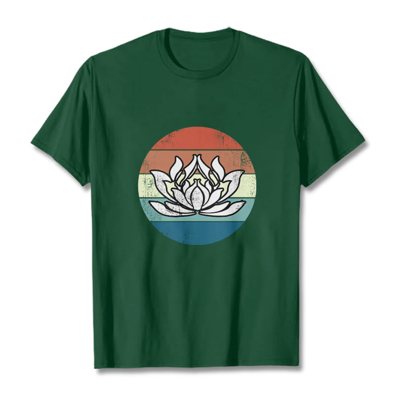 Buddha Stonesと蓮の花のカラフルなストライプ柄コットンTシャツ - フォレストグリーン - 2XL - image 11