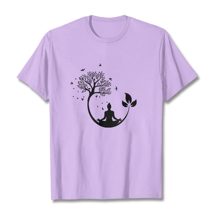 Buddha Stones、木の中で瞑想する仏陀の模様のコットンTシャツ - 梅 - 2XL - image 17