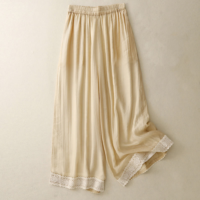 Buddha Stones春 ヴィンテージ カジュアル 無地 レース パッチワーク カフ レディース コットン リネン ワイドレッグ パンツ ポケット付き - カーキ - US8-10，UK/AU12-14，EU40-42 (2XL) - image 9