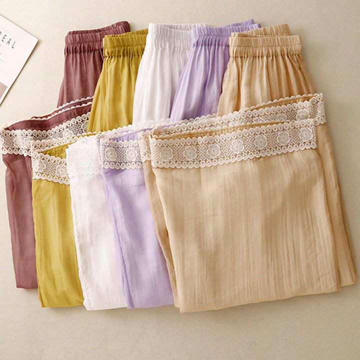 Buddha Stones春 ヴィンテージ カジュアル 無地 レース パッチワーク カフ レディース コットン リネン ワイドレッグ パンツ ポケット付き - image 27