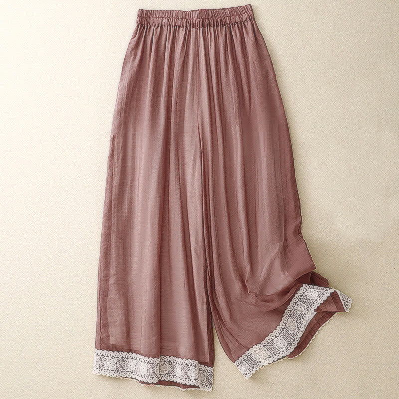 Buddha Stones春 ヴィンテージ カジュアル 無地 レース パッチワーク カフ レディース コットン リネン ワイドレッグ パンツ ポケット付き - インディアンレッド - US8-10，UK/AU12-14，EU40-42 (2XL) - image 20