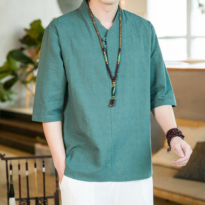 Buddha Stonesサマー ヴィンテージ 無地 カエルボタンデザイン メンズ コットン 七分袖シャツ - image 4