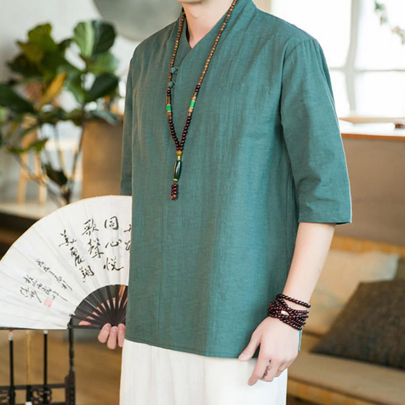 Buddha Stonesサマー ヴィンテージ 無地 カエルボタンデザイン メンズ コットン 七分袖シャツ - ダークシアン - US/UK/AU46、 EU56 (5XL) - image 0