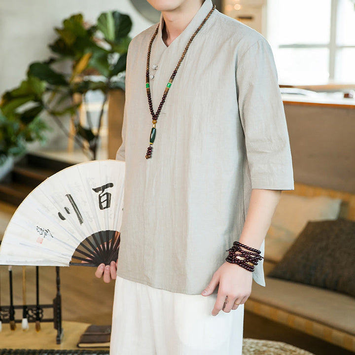 Buddha Stonesサマー ヴィンテージ 無地 カエルボタンデザイン メンズ コットン 七分袖シャツ - image 11