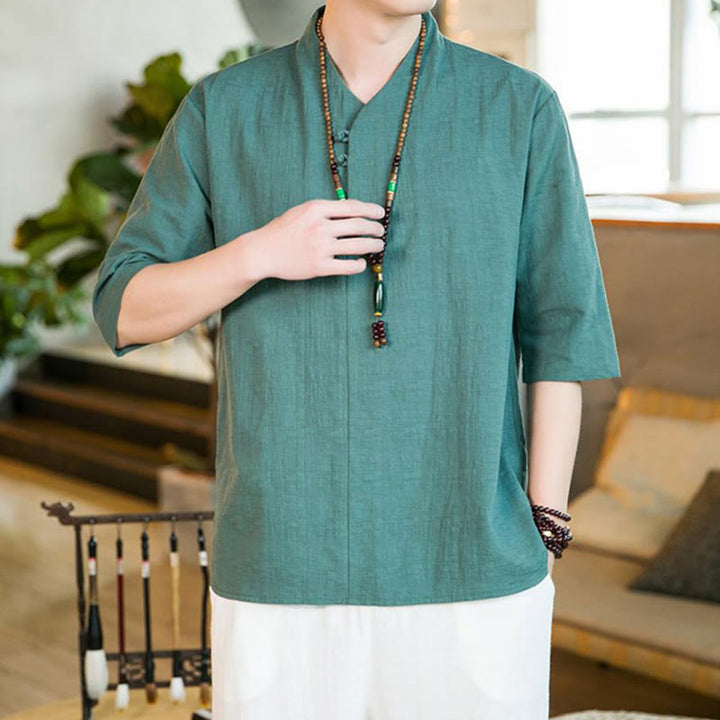 Buddha Stonesサマー ヴィンテージ 無地 カエルボタンデザイン メンズ コットン 七分袖シャツ - image 3